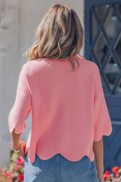 Pink Scalloped Edge Half Sleeve Spring Sweater
