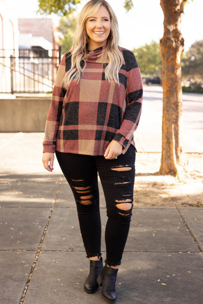 Curvy Plaid Long Sleeve Top with Asymmetric Neckline and Button Details