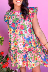 Colorful Floral Drop Waist Dress with Pockets