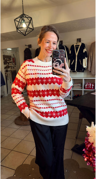 White and Red Geometric Crewneck Sweater