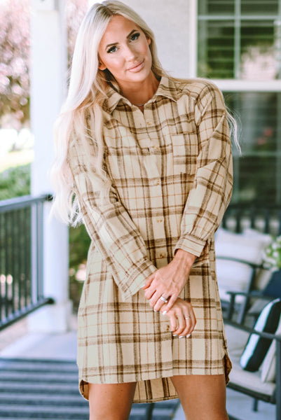 Cream Plaid Longer Length Button Up Shacket