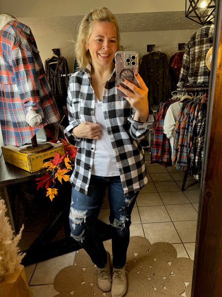 Black and White Checkered Flannel Button Up Top