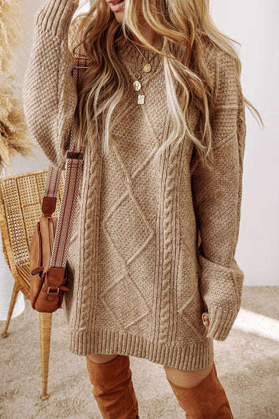 Khaki Cable Knit Sweater Dress - Brown