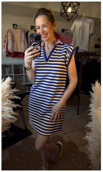 Blue Striped Split Neckline Dress with Pink Contrasting Trim and Flutter Sleeves