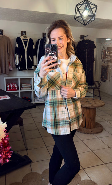 Green and Khaki Christmas Plaid Flannel Shacket