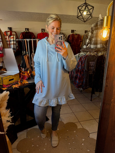 Light Blue Blue Ruffle Hem Hoodie Tunic