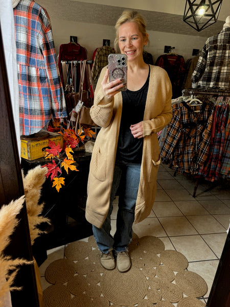 Long Tan Cardigan with Patch Pockets