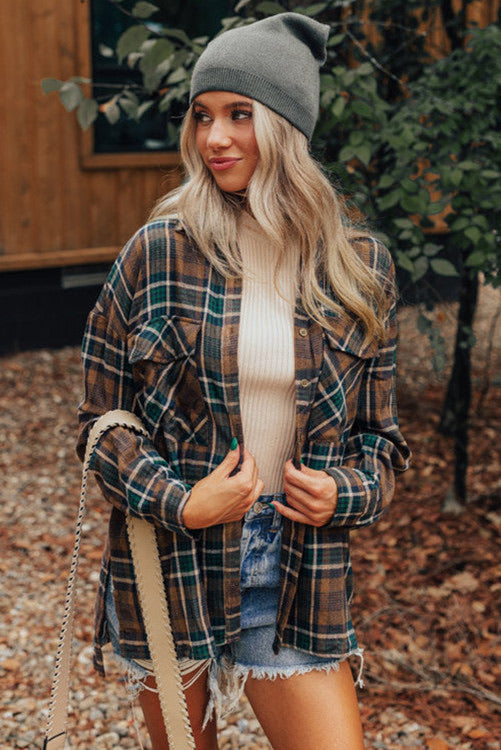 Brown and Green Plaid Button Up Flannel Top