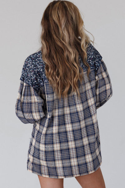 Blue Plaid and Floral Top - Navy - Curvy and Regular Sizing