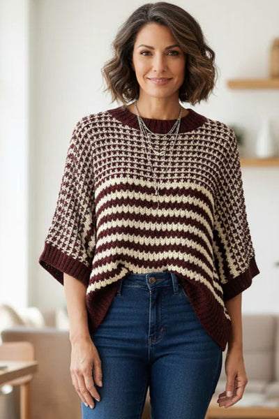 Red Dahlia Striped Colorblock 3/4 Draped Sleeve Relaxed Sweater