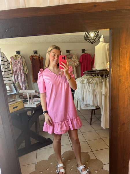 Pink Pleather Bubble Sleeve Dress