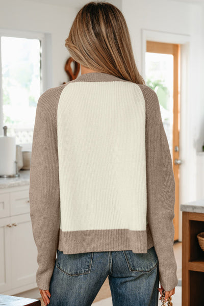 Light Mocha Brown and Creamy White Colorblock Button Front Cardigan