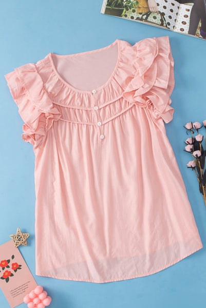 Pink Ruffle Sleeve Button Neck Top