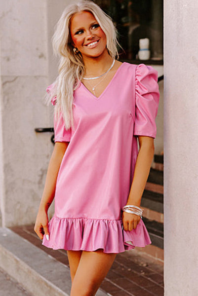 Pink Pleather Bubble Sleeve Dress