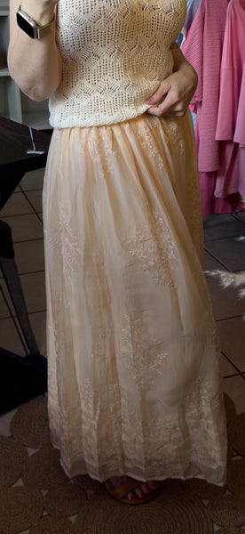 Beige Floral Embroidered Fully Lined Boho Maxi Skirt