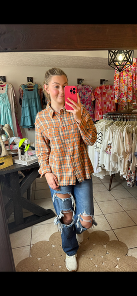 Orange Plaid Button Up Flannel Top with Raw Hemline Details and Aztec Embellishment