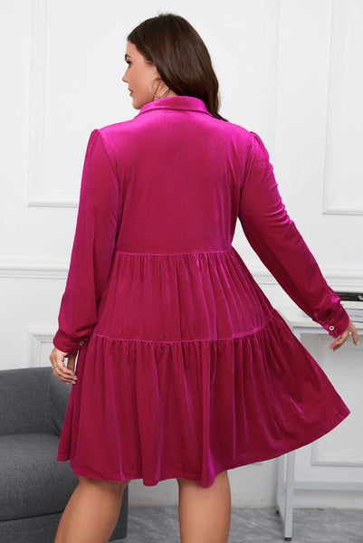 Curvy Rose Pink Velvet Dress with Tiered Skirt