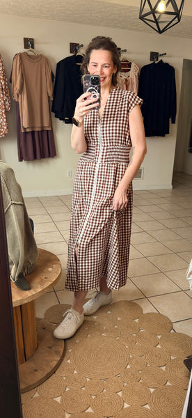 Coffee Brown Gingham Shirred Waist Zip Up Maxi Dress