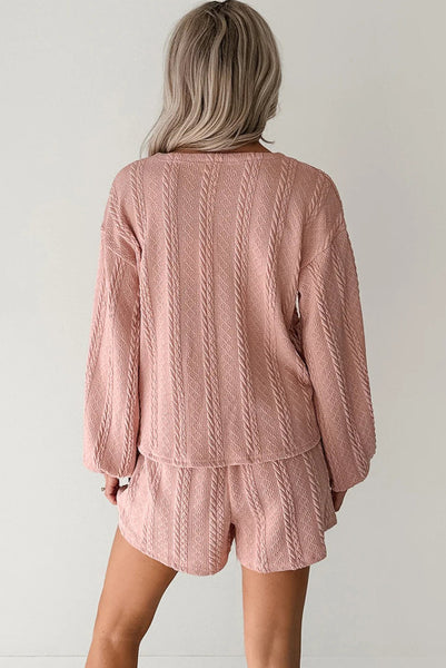 Pink Cable Knit Button Front Cardigan and Shorts Set