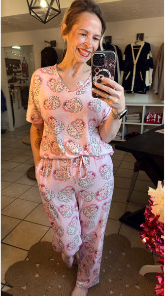 Pink Santa Claus Print V Neck Tee and Drawstring Pants Lounge Set