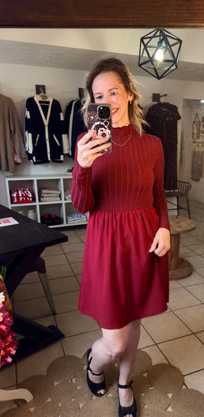 Red Dahlia Frill Neck Ribbed Mixed Material Long Sleeve Dress with Pockets