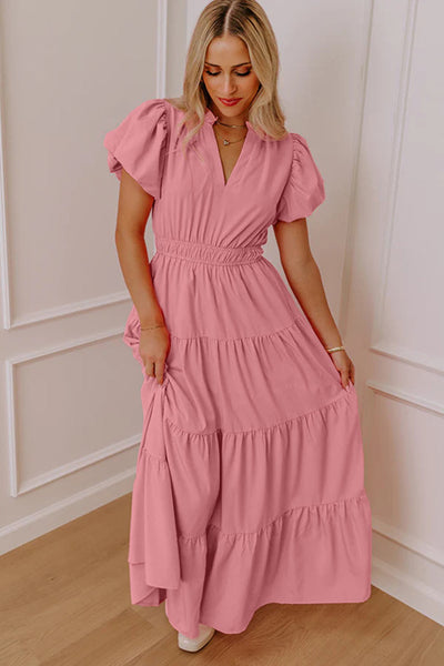 Pink V-Neck Puff Short Sleeve Maxi Dress