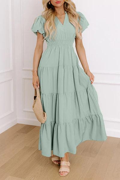 Sage Green V-Neck Puff Short Sleeve Maxi Dress with Pockets