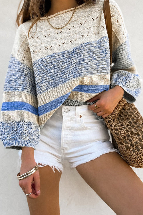 Blue and Cream Open Knit Drop Shoulder Sweater