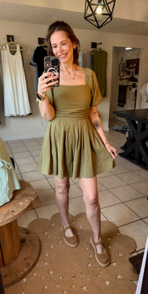 Sage Green Flowy Square Neckline Romper with Ruched Bodice and Puff Sleeves