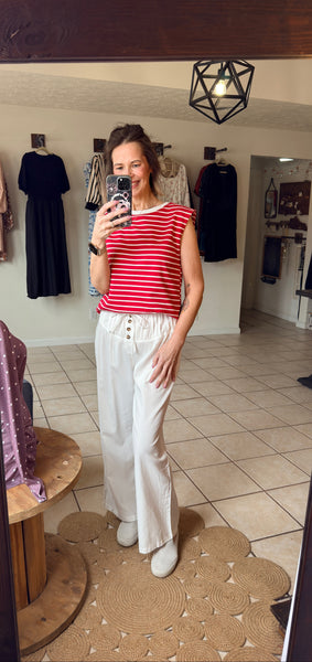 Red and White Striped Sleeveless Top with Contrast Trim