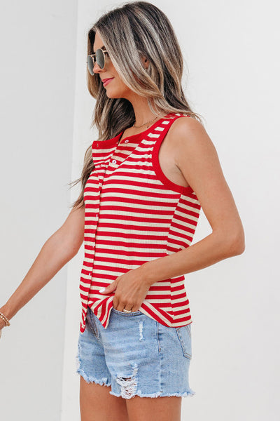 Red and Cream Striped Ribbed Button Up Tank Top