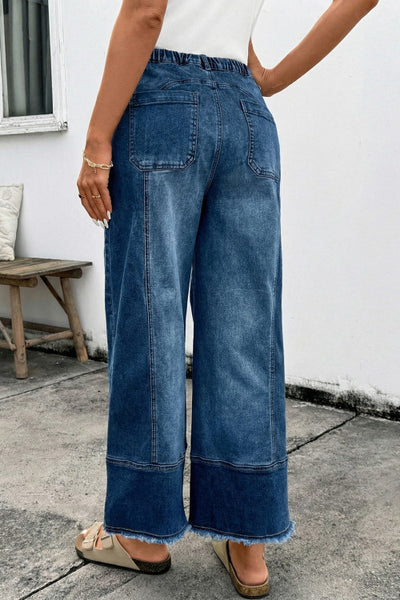 Dark Wash Drawstring Waist Raw Hem Wide Leg Denim Ankle Length Jeans