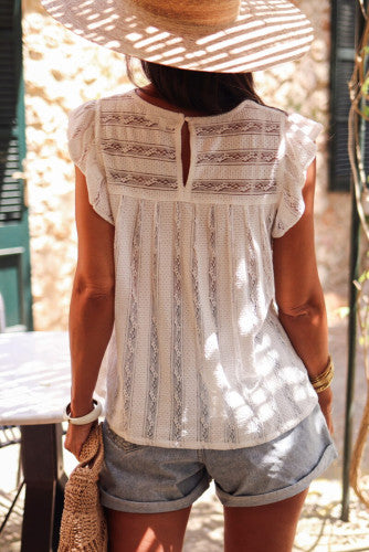 White Lace Ruffle Sleeve Flowy Top