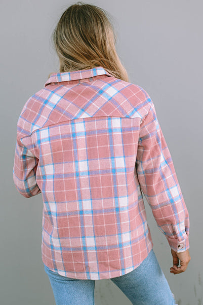 Pink Plaid Button Up Shacket with Flap Pockets and Slant Pockets