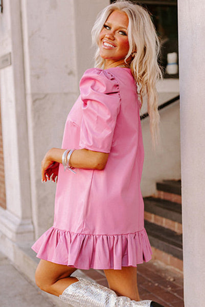 Pink Pleather Bubble Sleeve Dress