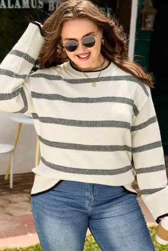 Curvy Black and Off White Striped Dress Wide Sleeve Sweater