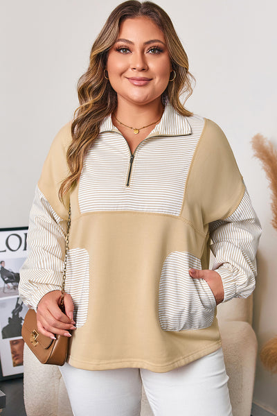 Curvy Khaki Stripe Colorblocked Half Zip Pullover with Pockets