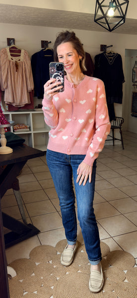 Pink Button Front Heart Pattern Cardigan