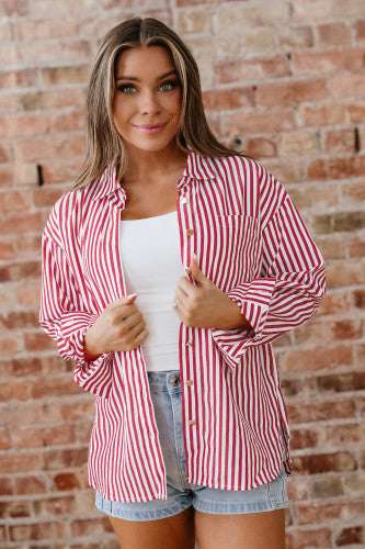 Red and White Striped Button Up Long Sleeve Top