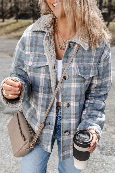 Light Blue Plaid Sherpa Lined Button Up Shacket