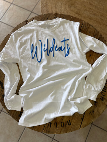White Long Sleeve ‘Wildcats’ Tee with Puff Lettering