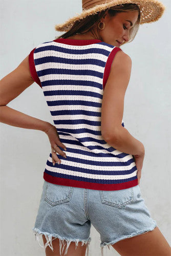 Navy Stripe Pointelle Knit with Red Contrast Trim Sleeveless Sweater Knit Top - Lightweight
