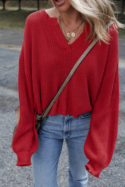 Red Textured Knit V-Neck Drop Shoulder Sweater