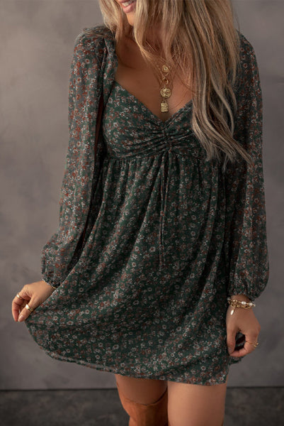 Green Floral Flowy Dress with Sweatheart Neckline