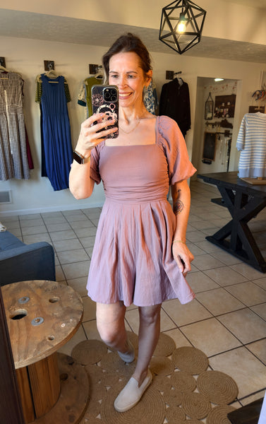 Dusty Lilac Flowy Square Neckline Romper with Ruched Bodice and Puff Sleeves