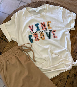 ‘Vine Grove, Kentucky’ Colorful Traced Lettering Tee - T-shirt - Cream - Small Town -  Support Local - Local Community