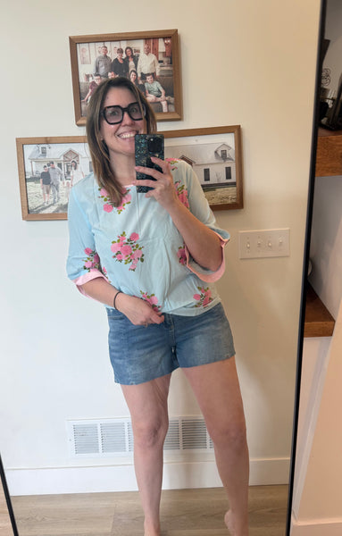 Sky Blue Floral 3/4 Sleeve Top