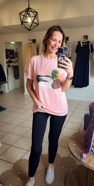 Pink Quilted Patchwork Mallard Duck Printed Tee
