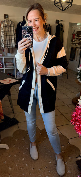 Black Button Up Hooded Jacket with Patchwork Contrasting Waffle Knit Details