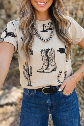 All Over Western Print Poof Sleeve Top